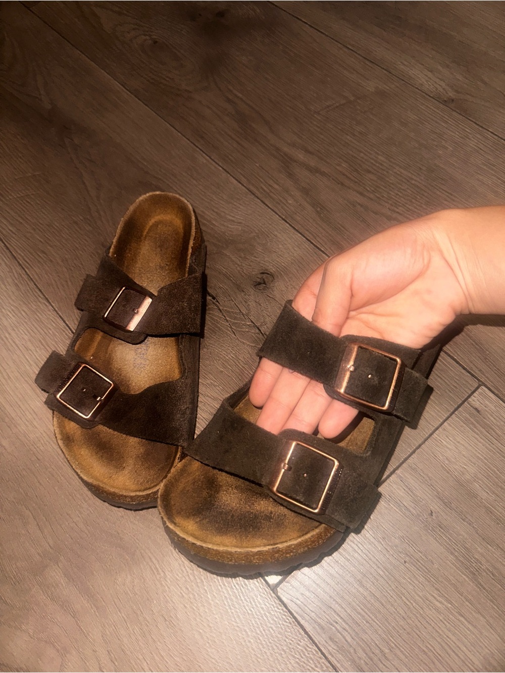 Kids Brown Double-Buckle Suede Slide Sandals